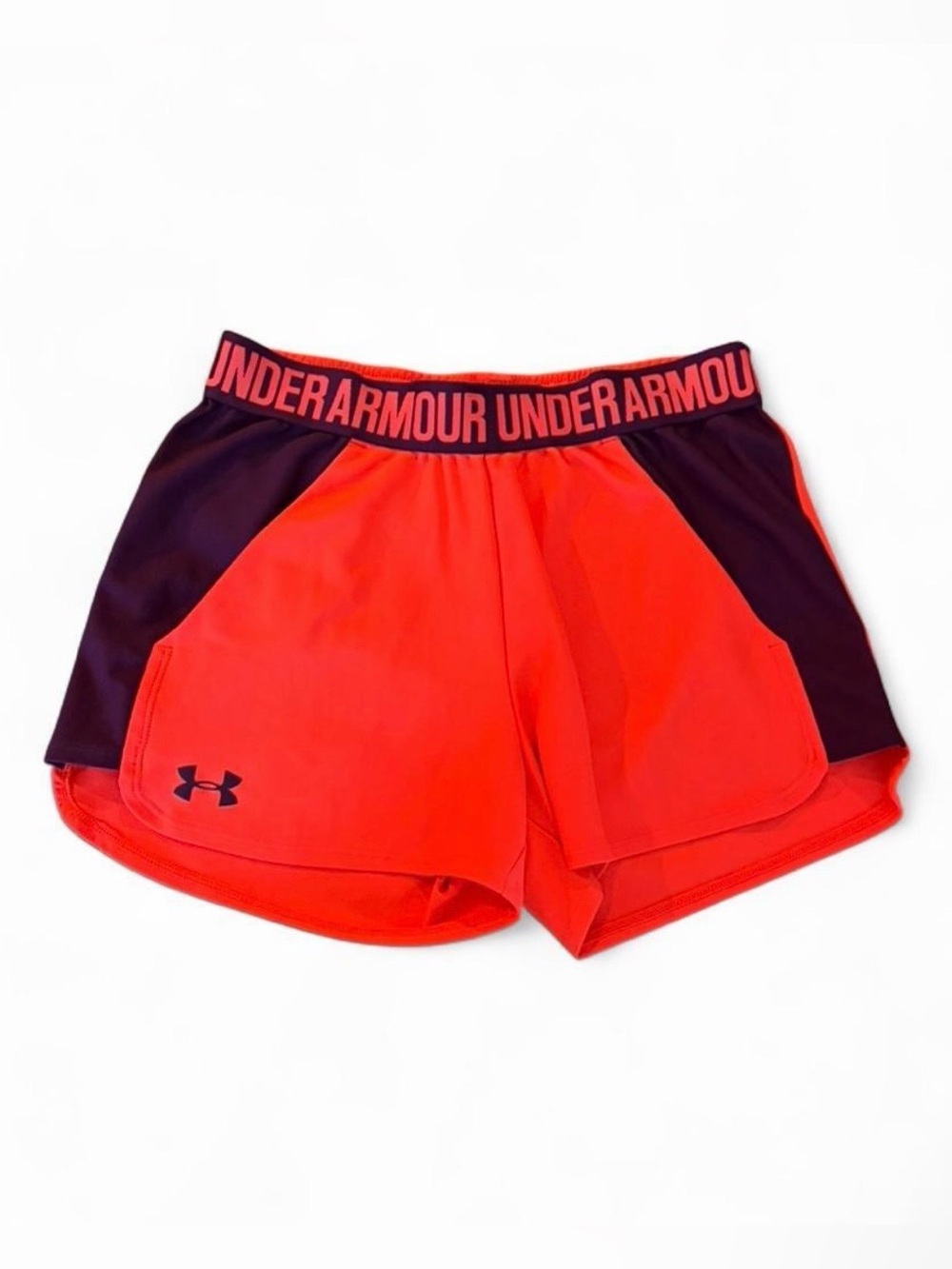 Under Armour women’s Sz. XS bright orange + burgundy athletic shorts. Inseam 3”